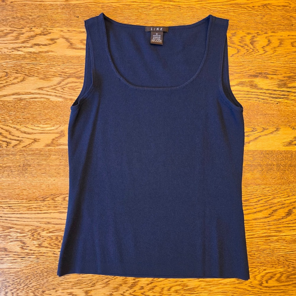 Link Womens M Navy Blue Knit Scoop Neck Tank Top Shell Career Layer Minimalist‎